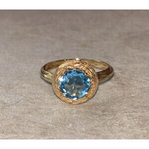14k Yellow Gold Round Blue Topaz Ring Paz Creations Israel Size 8
